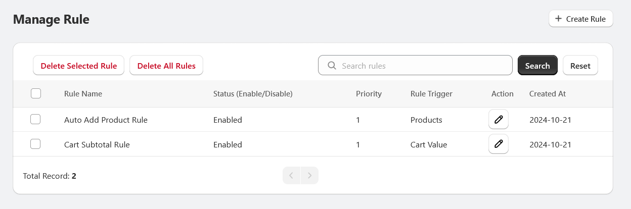 Manage Rules Dashboard